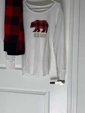 Old Navy White Waffle Thermal Top with Red Plaid Bear